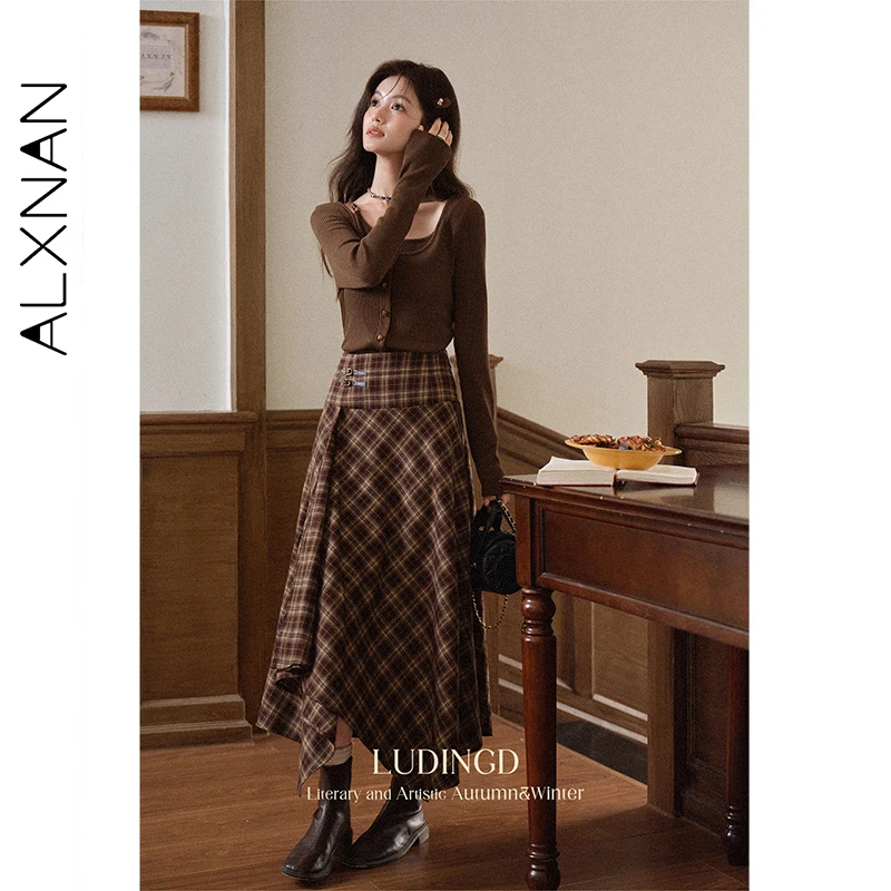 ALXNAN المرأة تنورة الخريف جديد خمر منقوشة تنورة طويلة ملفوفة الاتجاه 2025 أنيقة غير النظامية هيم متقلب ميدي التنانير L569117