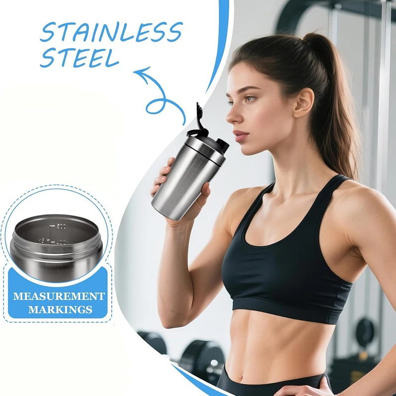 Edelstahl-Proteinpulver-Shaker-Flasche mit Stahlkugel, Auslaufsicher, für Fitnessstudio, Sport, Whey-Shakes, Fitness-Sportbecher – Detail 2