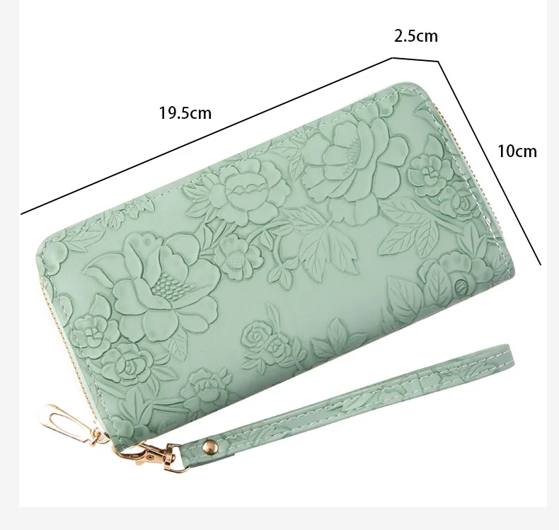 Women\'s Long Zippered Handbag Card Clip Wallet Mobile Phone Bag, Embossed Design Large Capacity Purse