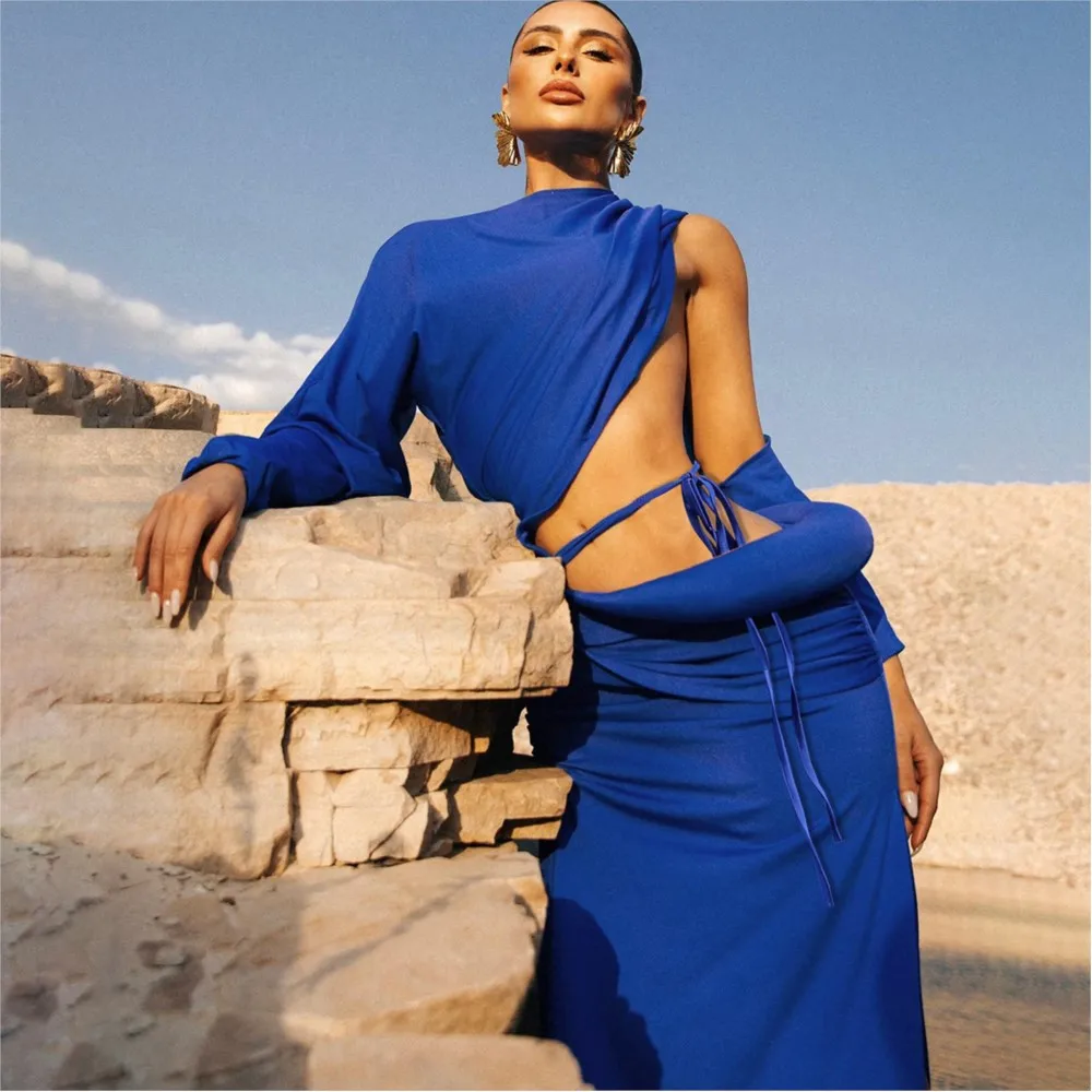 

Personalized Womens Dress Solid Color Temperament Slim Fashion Autumn Winter Evening Dress Round Neck Tie Mid-waist Long Vestido