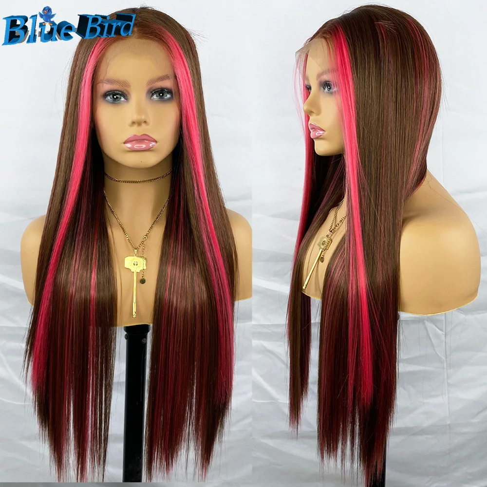 BlueBird Long Red Highlights13x4 Glueless Futura Synthetic Lace Front Wigs For Women Glueless Silky Straight Heat Resistant Wig