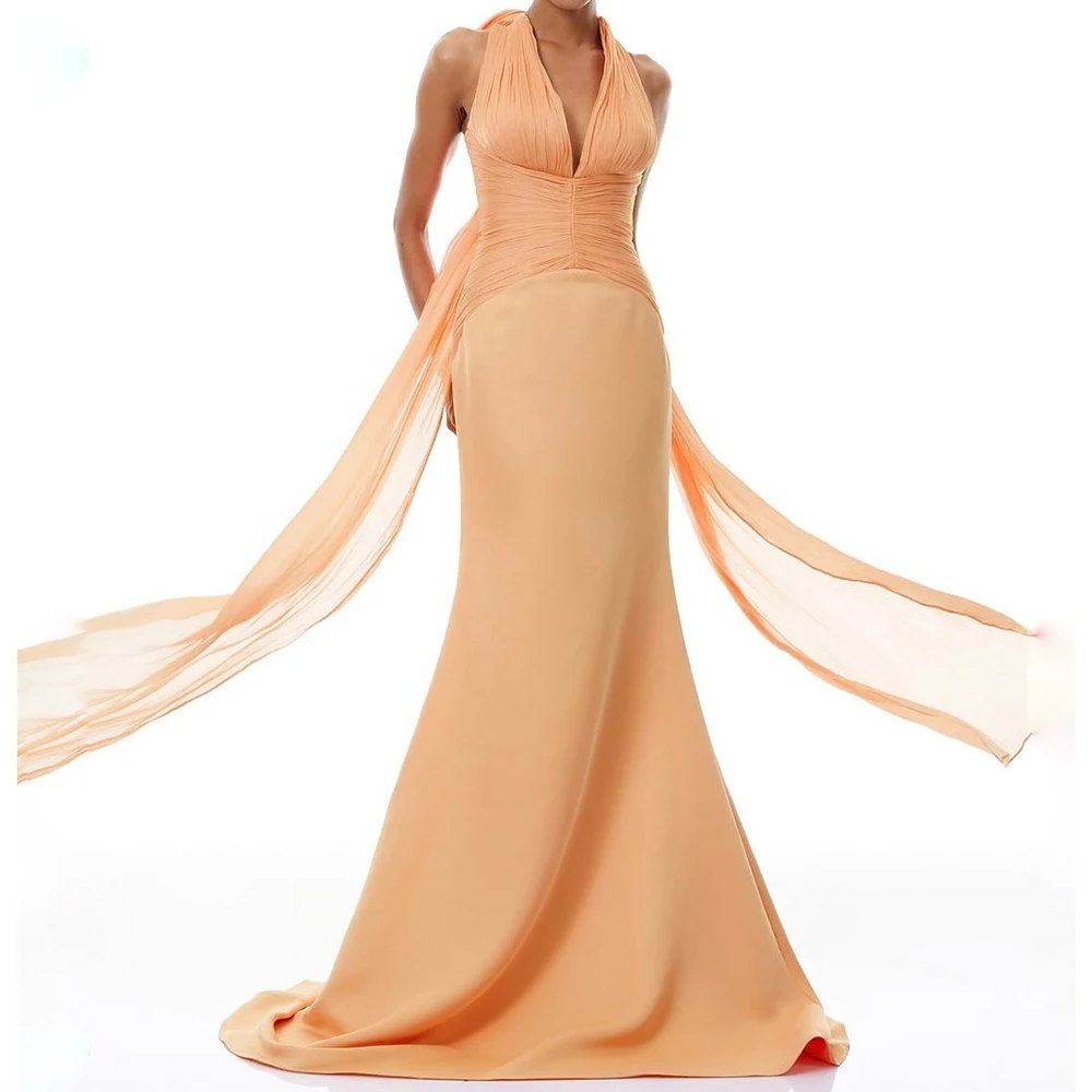 

Customized Mermaid Evening Dresses Floor-length V-neck Sleeveless Prom Gown Fashion Pleat Simple Draped Backless Party Gown