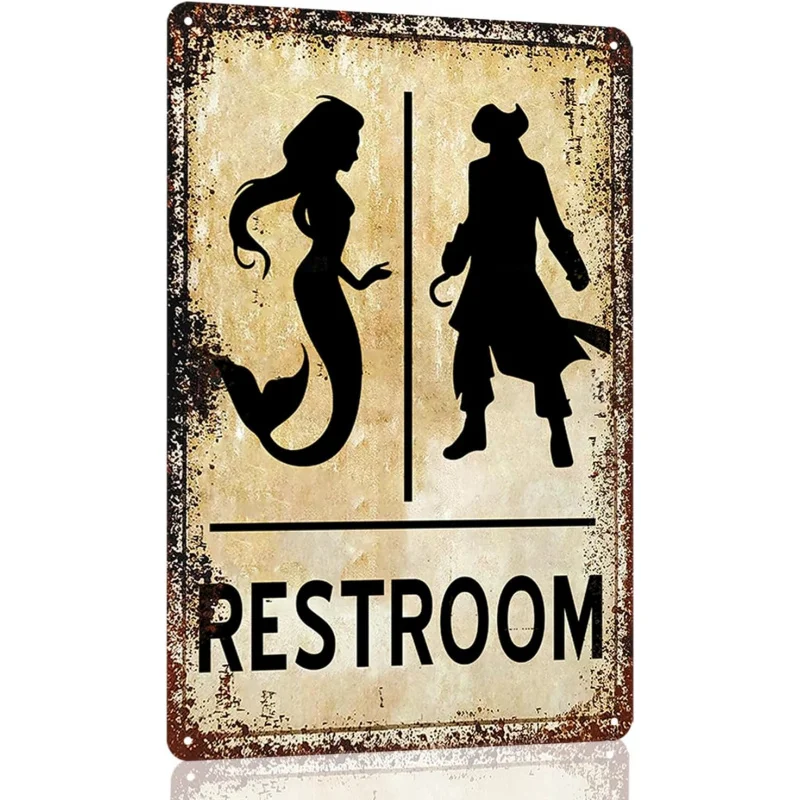 Pintura de hierro interesante Logo de baño sirena puerta de baño decoración de arte de pared de baño tema de navegación de estaño de Metal Retro