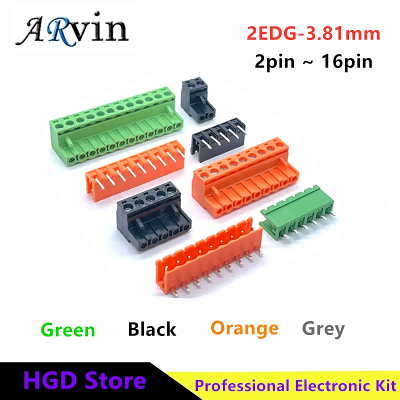 10pcs 2EDG-3.81mm plug-in PCB wiring terminal 15EDGK/VC/RC straight needle curved needle black gray green orange yellow