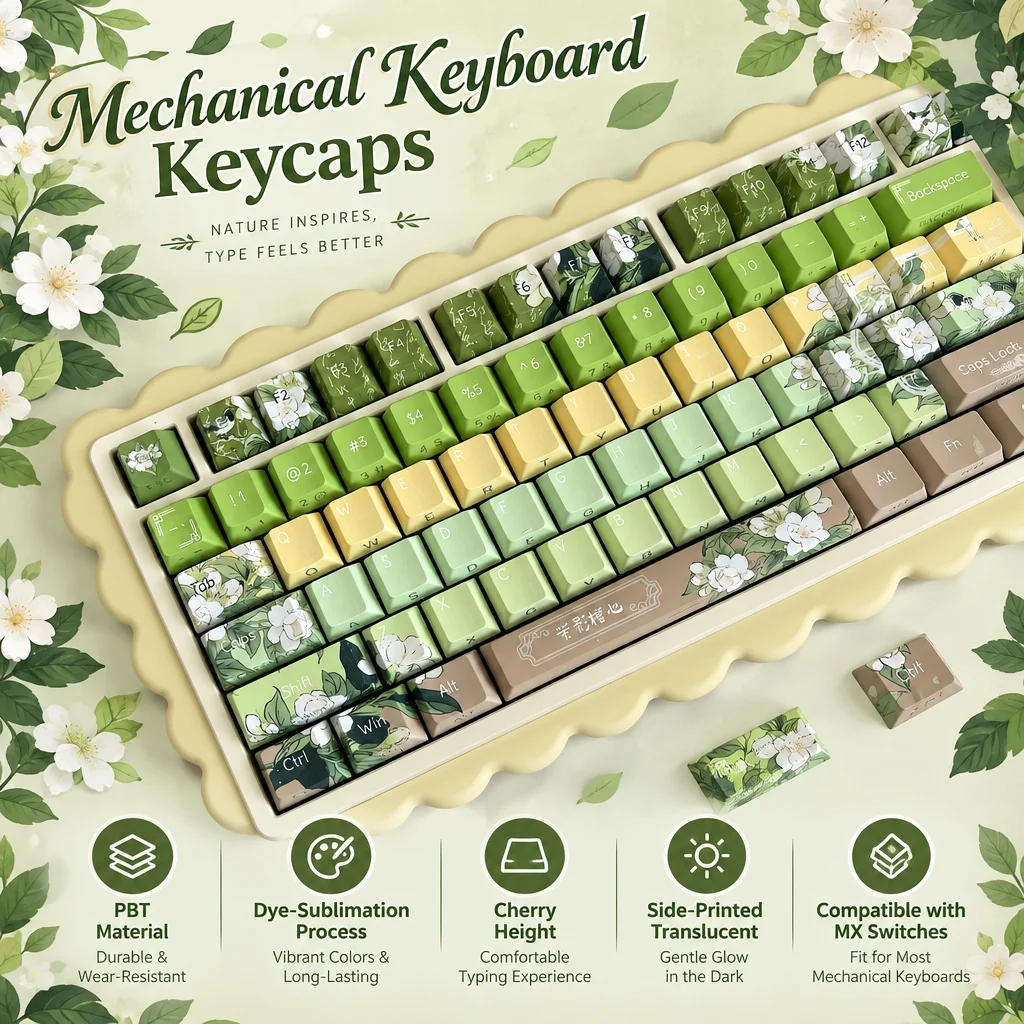 Retro Jasmine PBT Keycaps,Custom Dye-Sub Side Print Shine Through Key Cap For MX Switches Mechanical Keyboards 60% 75% 80% 100%