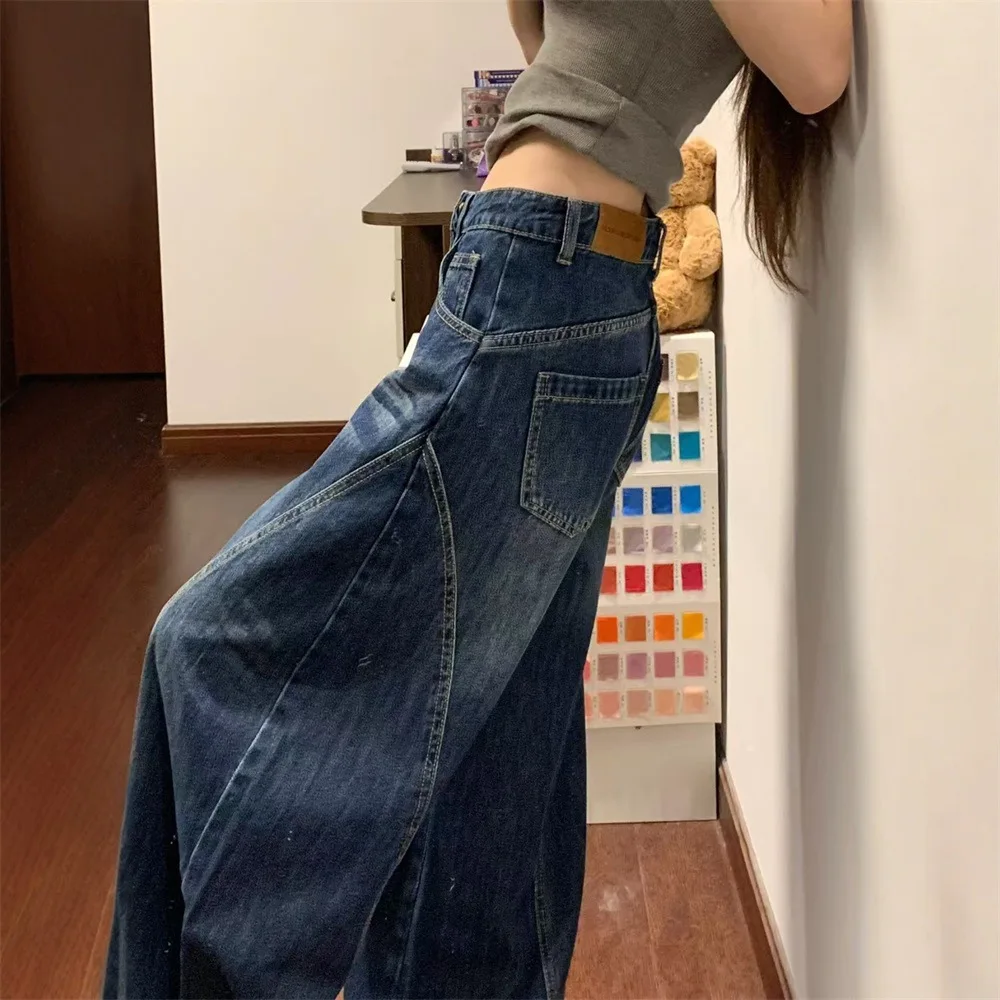 Jeans de mezclilla para mujer de cintura alta Deep Blue, estilo vintage lavado, de pierna ancha, holgados y adelgazantes, estilo casual.