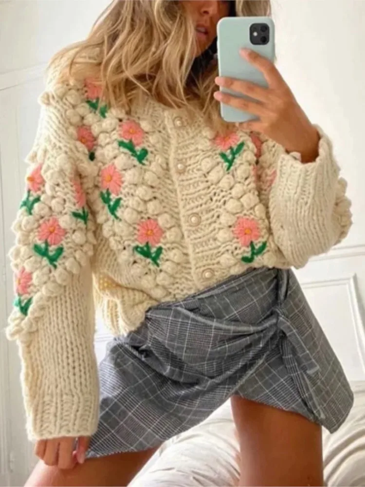 Herfst en winter nieuwe handgemaakte haakborduurwerk hennep parelknop gebreide trui vest jas dames trui met lange mouwen