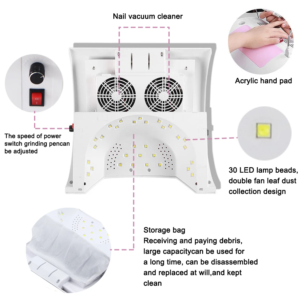 5 In 1 Nail Drill Polisher LED Photoapthery Lamp Dryer Multi-purpose Vacuum Cleaner Nail Art Tool Hand Pillow Integrated Machine