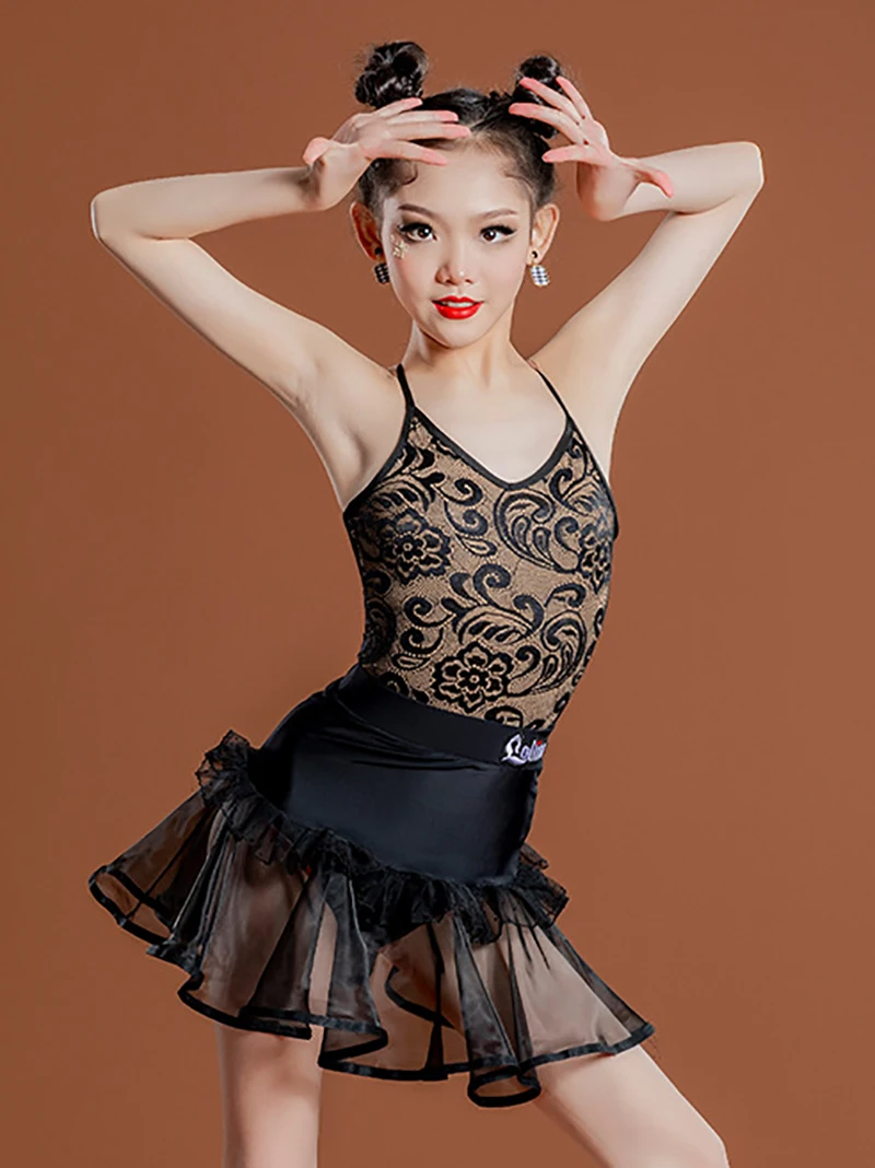 Lolita Bambini Allenamento di danza latina Spettacolo teatrale Ragazze Maglia Backless Costume Chacha Samba Pratica Abbigliamento Dancewear