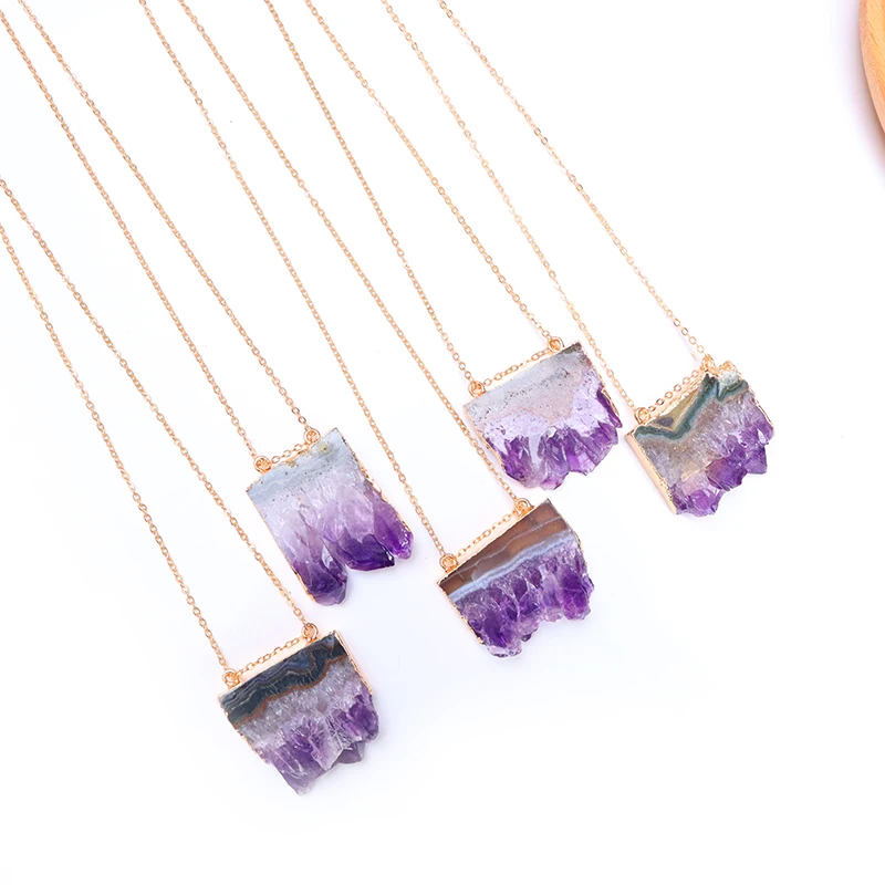 Natural Gem Stone Amethyst Slice Pendant Necklaces Purple Quartz WomenMale Raw Slab Geode for DIY Jewelry Making