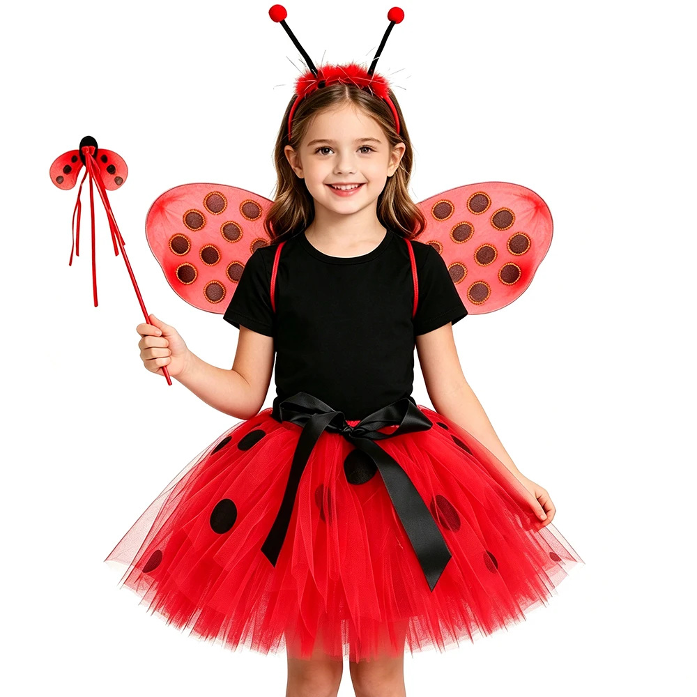 Girls Beetle Tutu Skirt Costume Red Black Polka Dot Tutus Fluffy Tulle Skirt Toddler Baby Kids Halloween Insect Dress Up Outfits