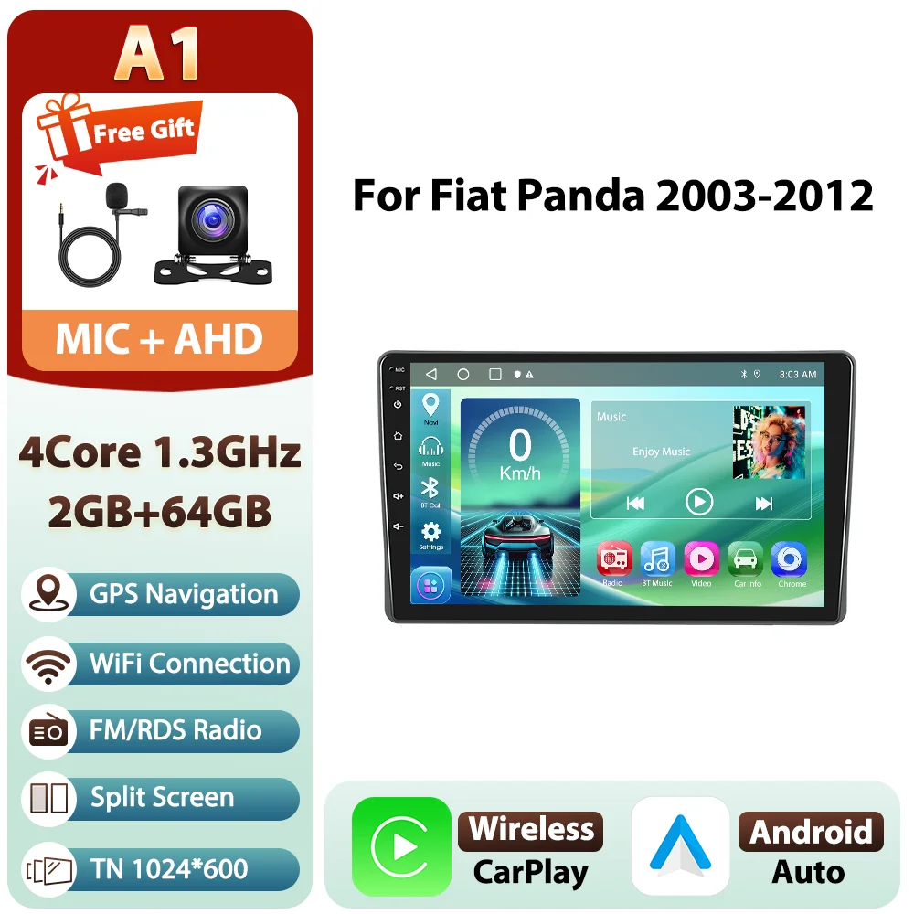 Podofo Android 9 inch 8-core 8+128GB autoradio voor Fiat Panda 2003-2012 met 4G WIFI, multimediaspeler, GPS, AM/FM/RDS