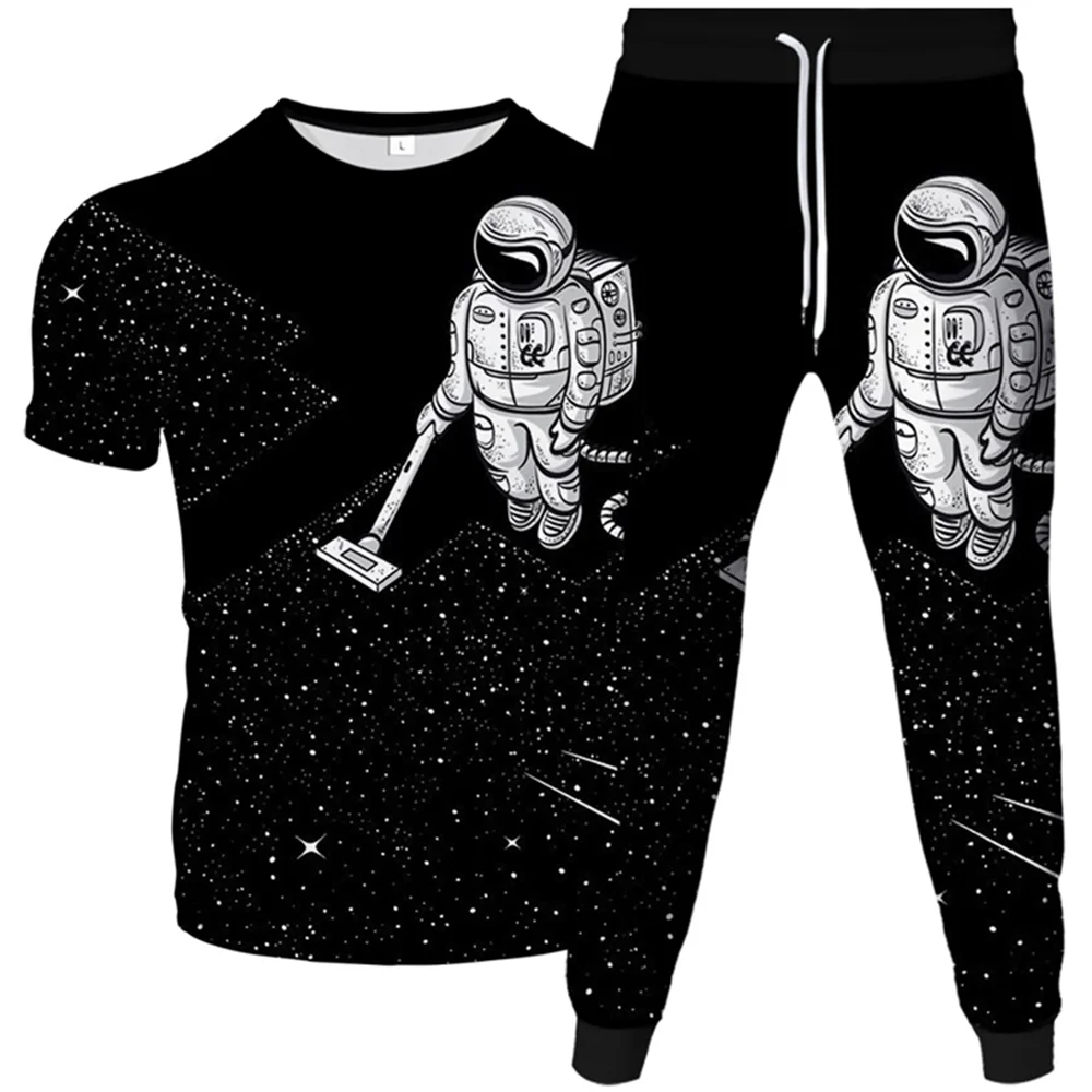 T-Shirt+Jogging Long Pants 2pcs Clothing Suit Astronaut Clean Galaxy Moon Planet Print Mens Harajuku Tracksuit Homme Oversized