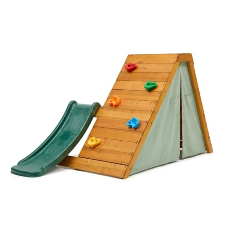 

Outdoor toddler playground for ages 2-6: natural wood climbing set with ladder rock wall 4-ft slide tent fort Montessori-inspir