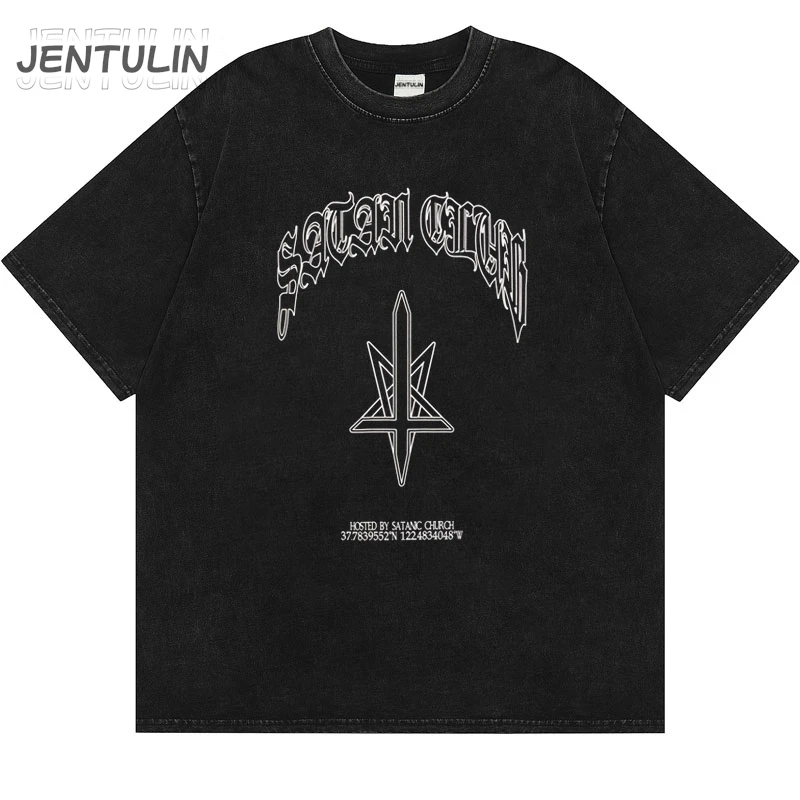 Harajuku Streetwear Men\'s Clothing Satan Club Print Graphic Washed Tee Tshirt Cotton Hip Hop Short Sleeve Top Oversized Goth Y2k