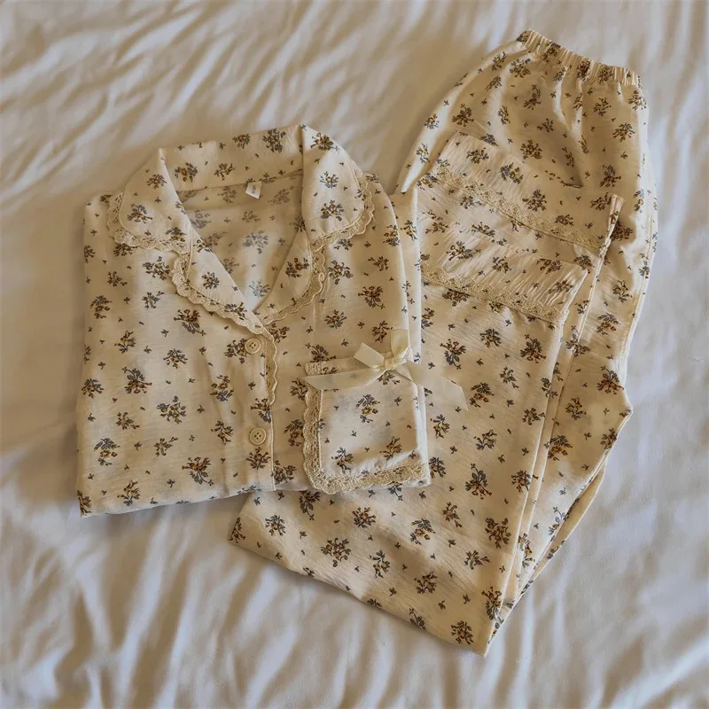 Pajama Sets Turn-down Collar Long Sleeve Women Autumn Sprin Floral Printed Thin Kawaii Trendy Womens 2pcs Kimono Pyjamas Elegant