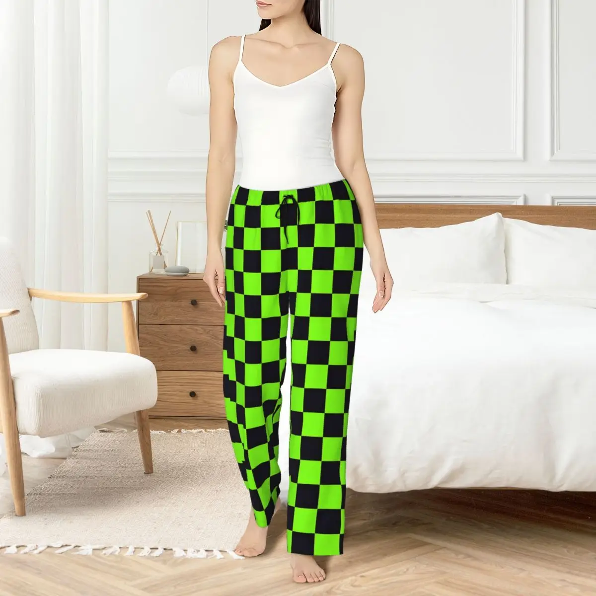 

Custom Checker Pajama Pants Sleepwear Women Elastic Waistband Green And Black Sleep Lounge Bottoms with Pockets