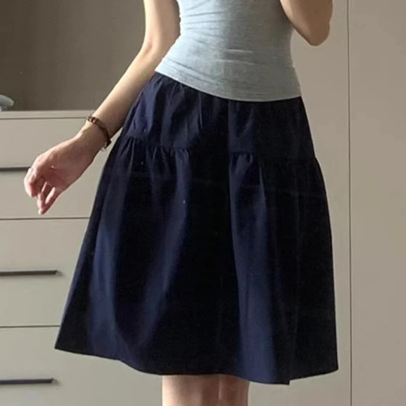 

Женская летняя юбка темно-синего цвета в японском стиле, А-силуэт, с завышенной талией, свободная, модная, повседневная, в стиле преппи, Харадзюку, Y2K, однотонная