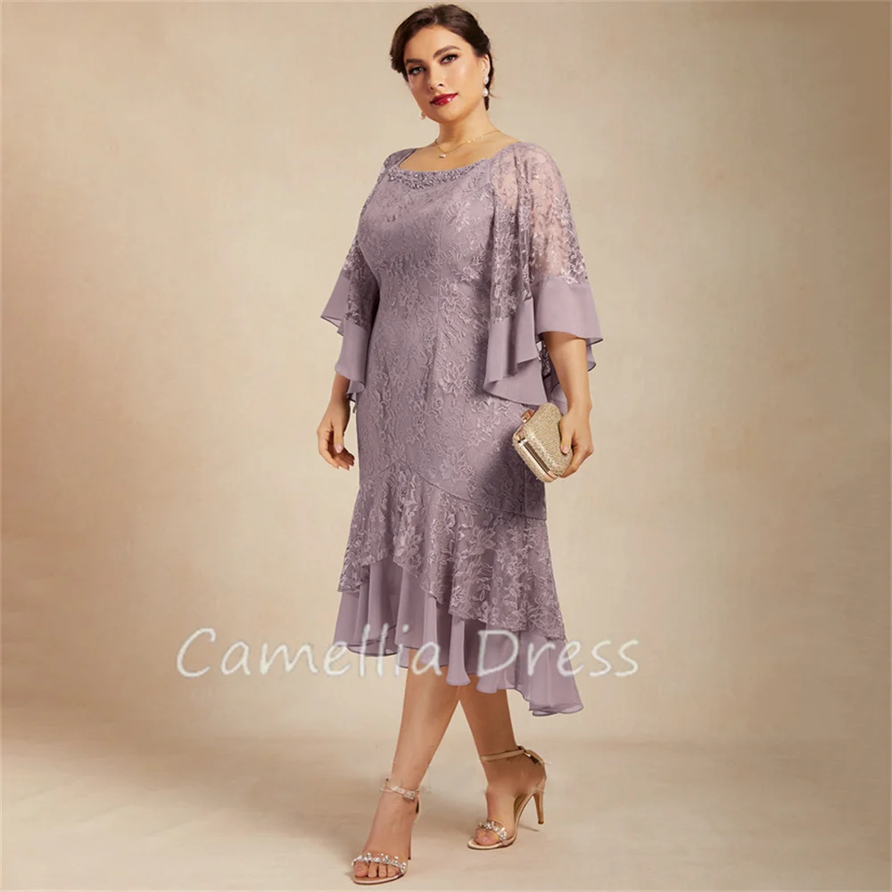 

New Scoop Neck Mother Of The Bride Dress Mermaid Asymmetrical Chiffon Lace Formal Dresses Vestidos Mae Da Noiva Casamentos