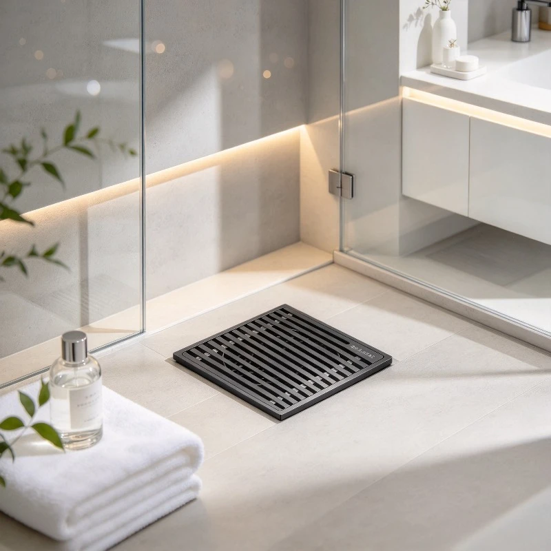 Black Linear Shower Drain, Gunmetal Anti-Odor Brass Grate, Hidden Sealed Strainer, Trap Core for Bathroom & Washing Machine Use.