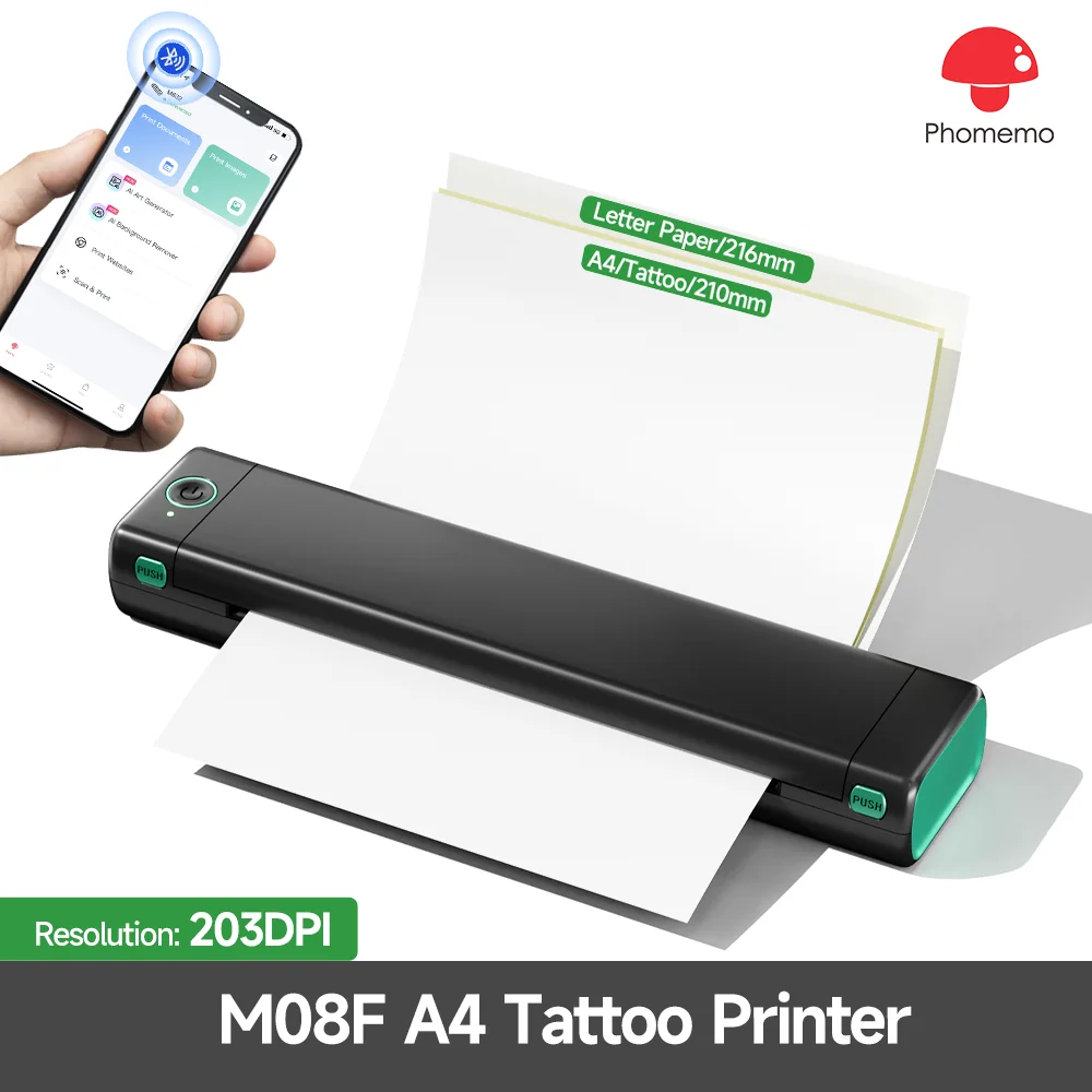 Phomemo M08F A4 Portable Thermal Printer Bluetooth Wireless Inkless Tattoo Stencil Printer for Photo and PDF Document Printing