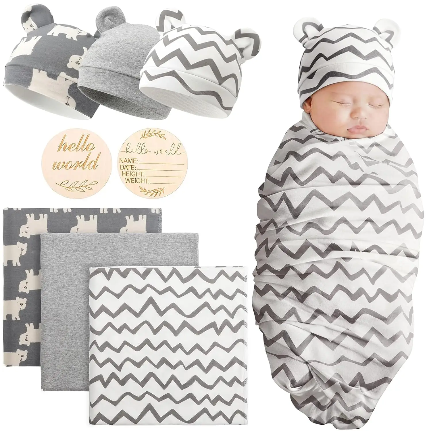 

Набор для новорожденных: хлопковая шапочка-капюшон с ушками медведя и деревянная карточка, унисекс, теплый подарок на выписку/на рождение ребенка