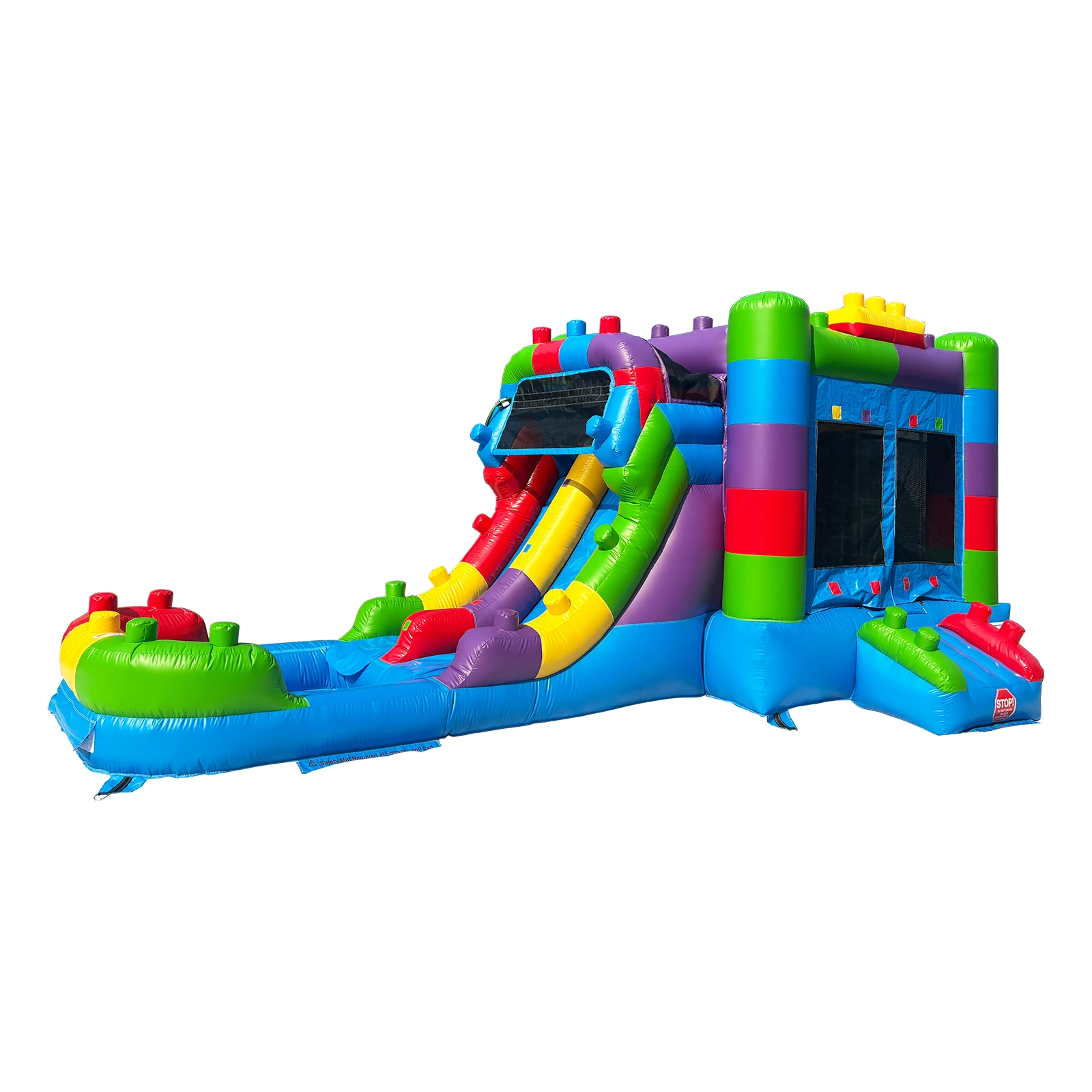 Casa gonfiabile di rimbalzo di grado commerciale combinata con scivoli d'acqua, festa in cortile per bambini, 100% PVC, tema di blocchi di costruzione