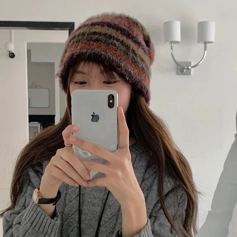 Japanese Retro Color Matching Striped Knitted Pullover Hat for Men and Women Outdoor Warm Ear Protection Trend Skull Beanie Cap