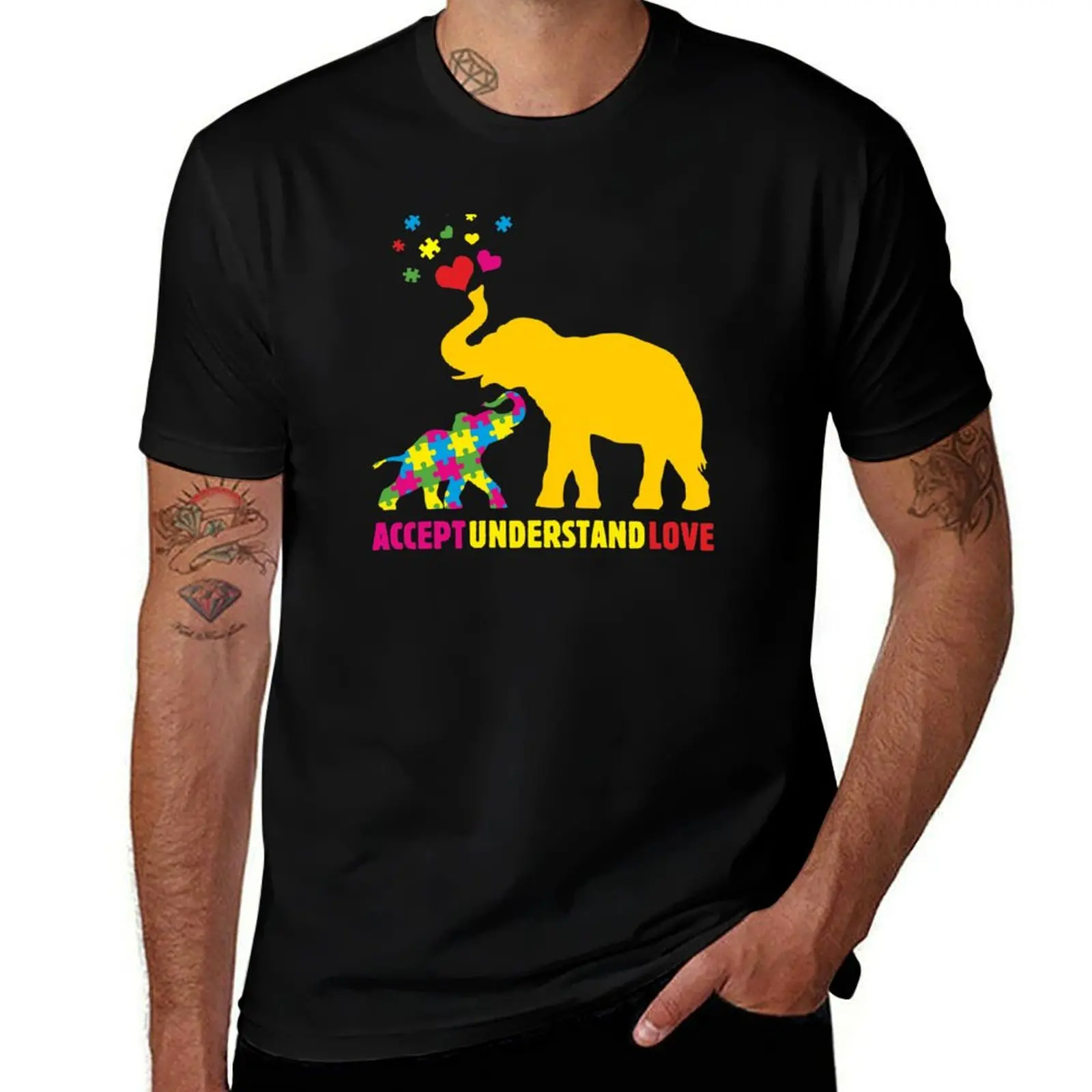 Autism Awarenesses Elephant Mom Accept Understand Love Cute Hearts Gift T-Shirt Big Size Simple T-Shirt