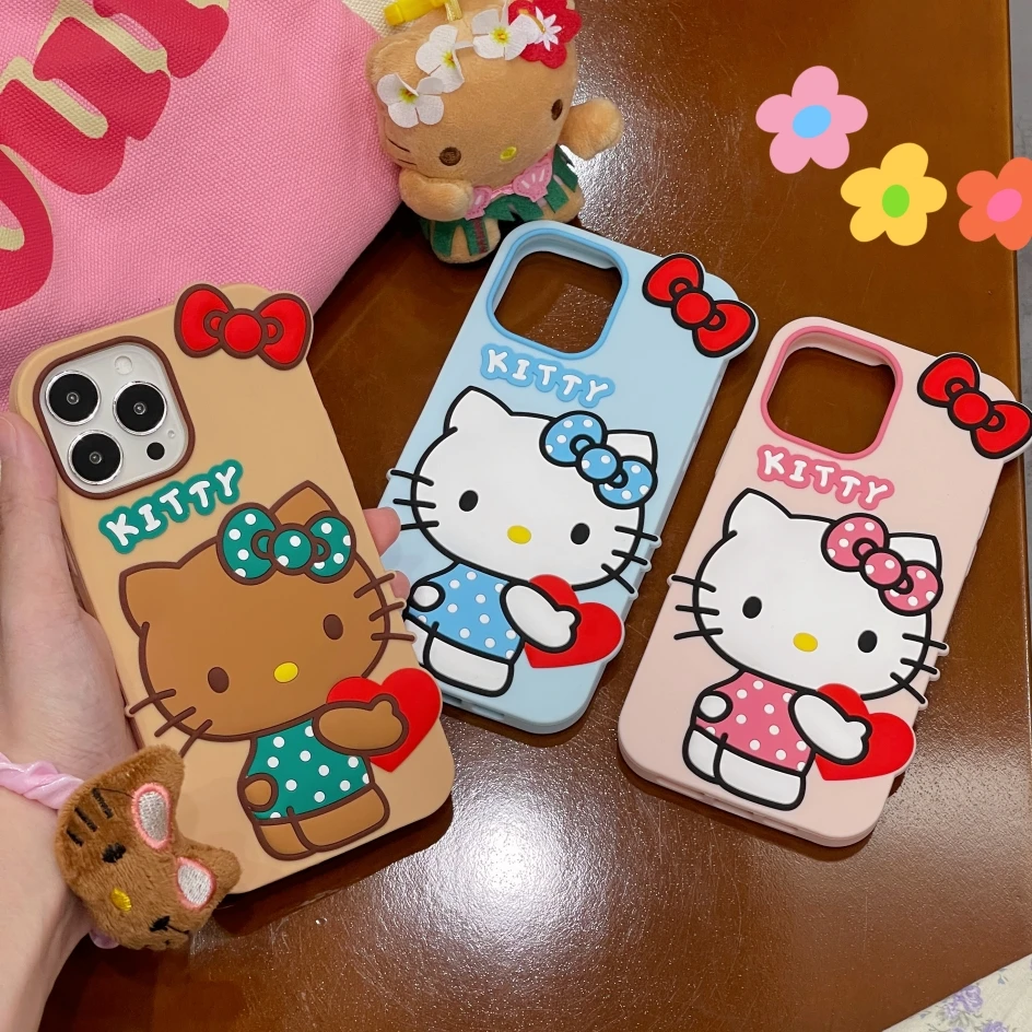 3D Stereoscopic Sanrio Hello Kitty Phone Case for IPhone 11 12 13 14 Pro Max Cartoon Lovely Heart Style Silicone Soft Back Cover