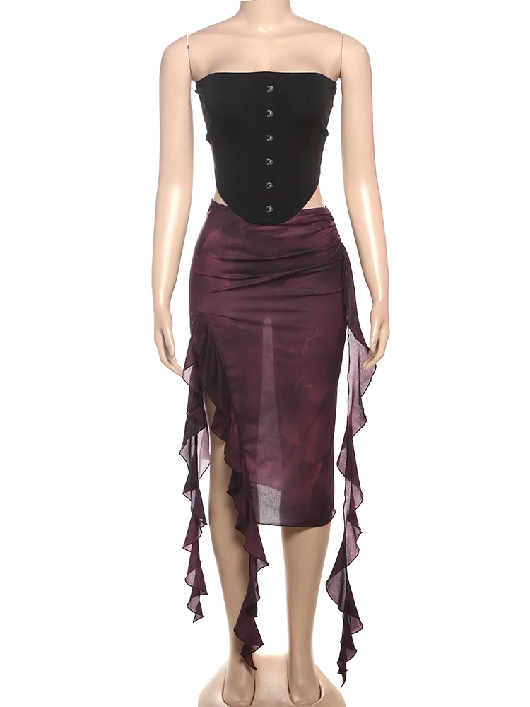 Conjunto de 2 piezas de Maceda Hottie Hipster para mujer, Top de corsé de un solo pecho + faldas de malla con borlas irregulares, trajes de fiesta para Club de medianoche