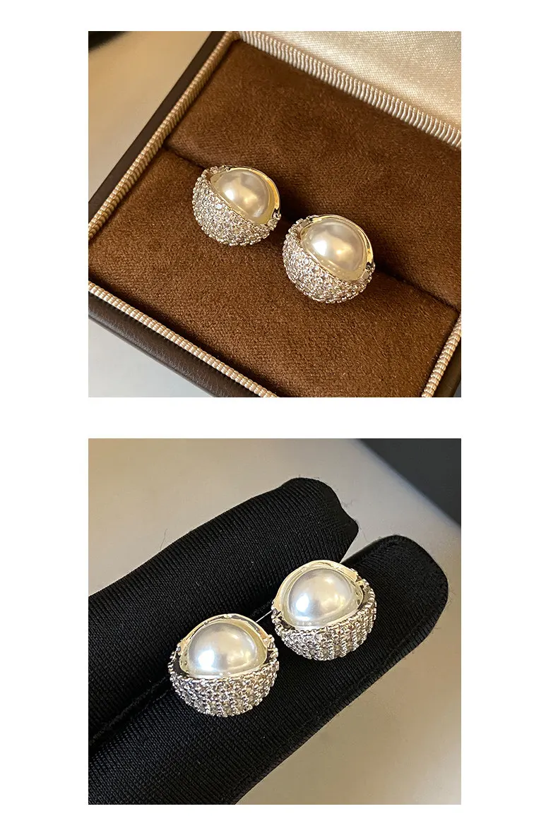Zierliche, mit Zirkonia besetzte Imitationsperlen-Ohrstecker in Gold- und Silberfarben, runde Ohrringe für Damen, Hochzeit, Party, Alltagsschmuck. – Detail 12