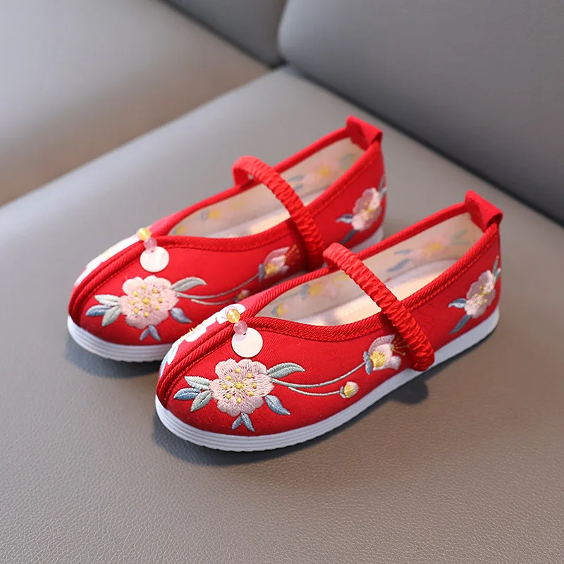 Chinese Style Girl Cloth Shoes Spring Autumn Embroidery Elastic Band Children Princess Dance Shoes Kids Flat Hanfu Shoes CSH1664