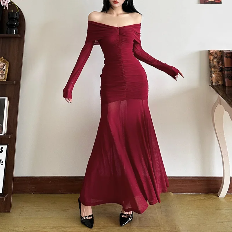 Fashion Trend Autumn Winter New Women\'s Dress Solid Color Temperament Sexy One-Line Collar High Waist Waist Dress Women