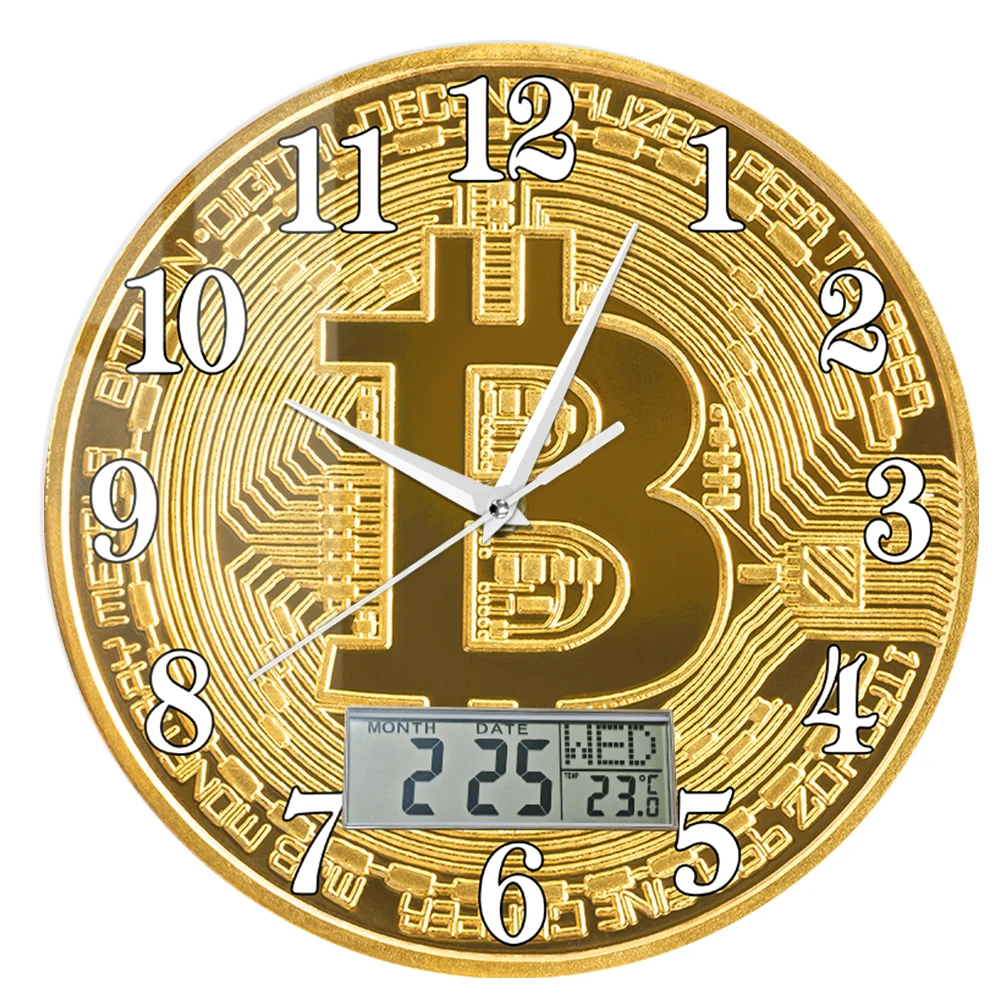 Bitcoin Symbol Printed Wall Clock with LCD Display Golden Coin Cryptocurrency Decor Silent Clock Perpetual Calendar Temperature