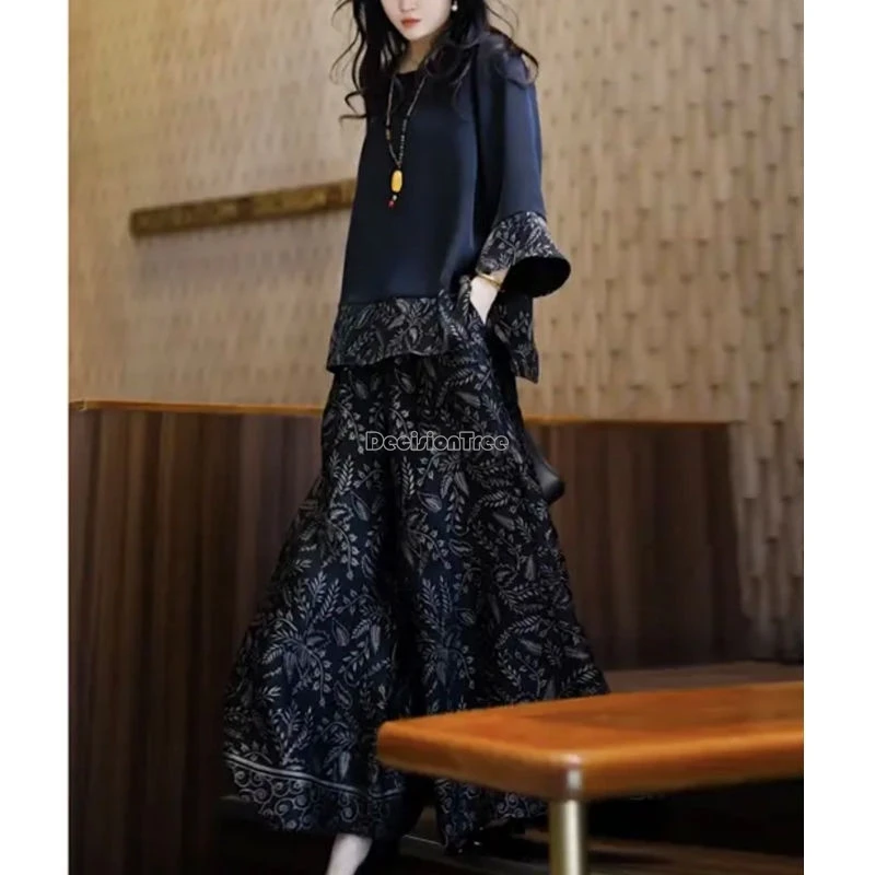 

2025 chinese national retro round collar long sleeve top printed straight-leg pants 2piece set women elegant loose tang suit set