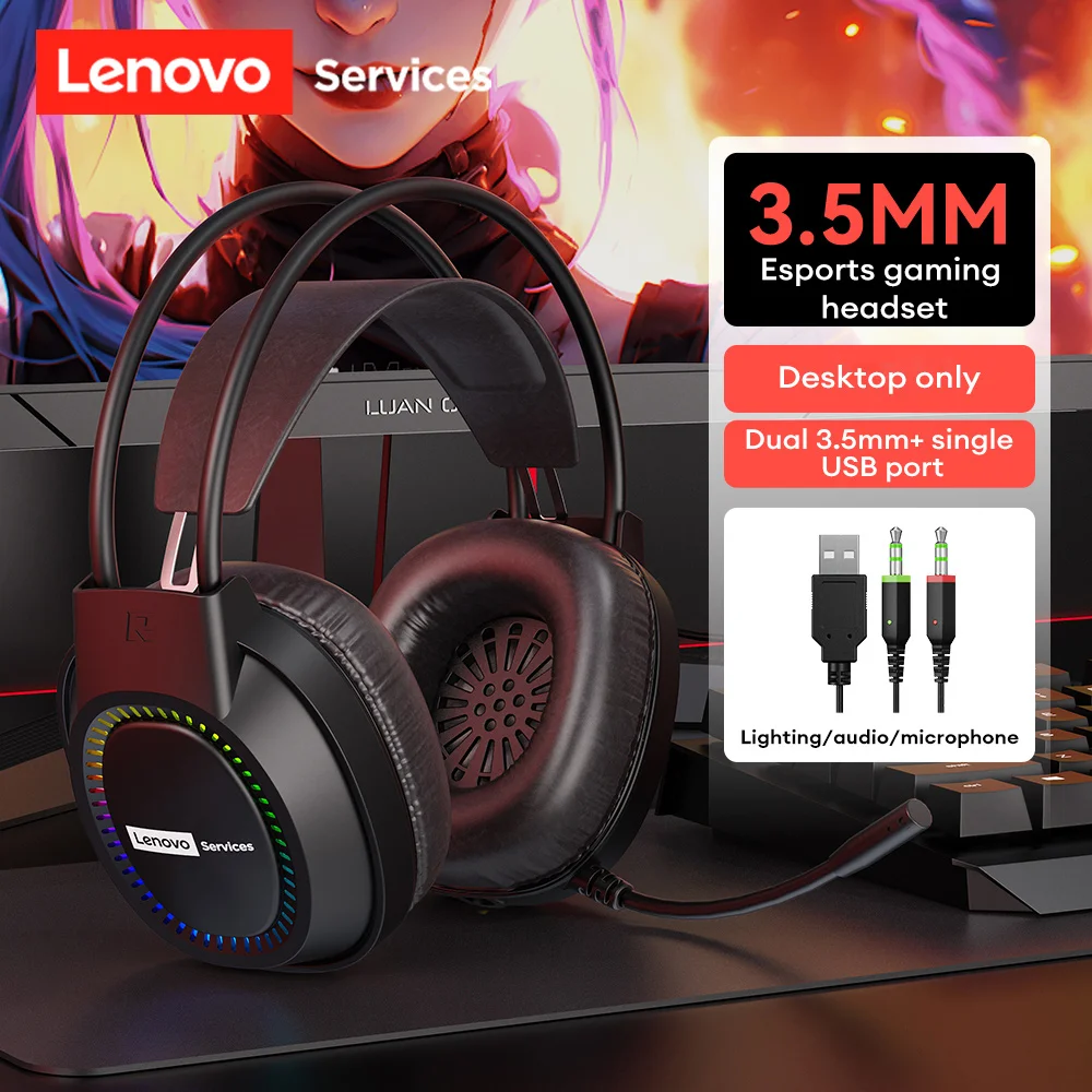 New Lenovo E03 Over-Ear Headset Gaming Low Latency Headphones Noise Cancelling USB interface Earphones for Laptops and Desktops