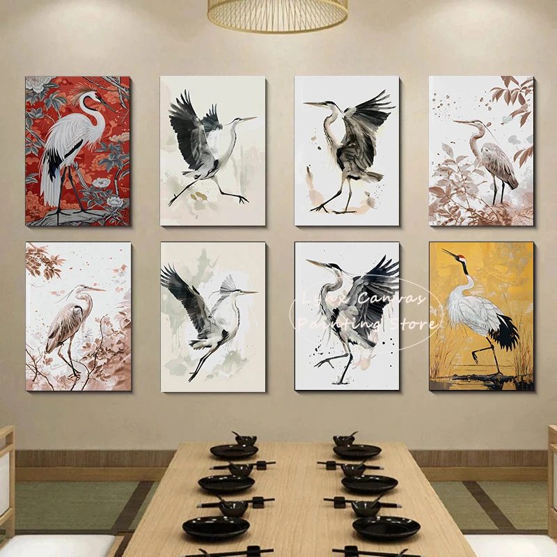 Maximalist Chinoiserie Canvas Painting Beautiful Crane Posters and Prints Abstract Wall Art Pictures for Living Room Home Decor