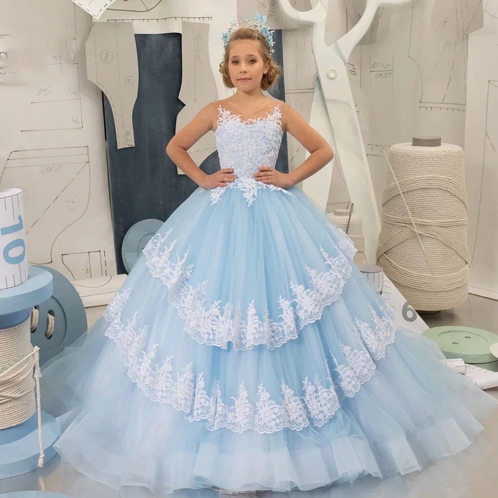 Vestidos de niña de flores champán claro para boda, vestido de desfile de tul con volantes de encaje hinchado, apliques, vestido de baile de fiesta de primera comunión