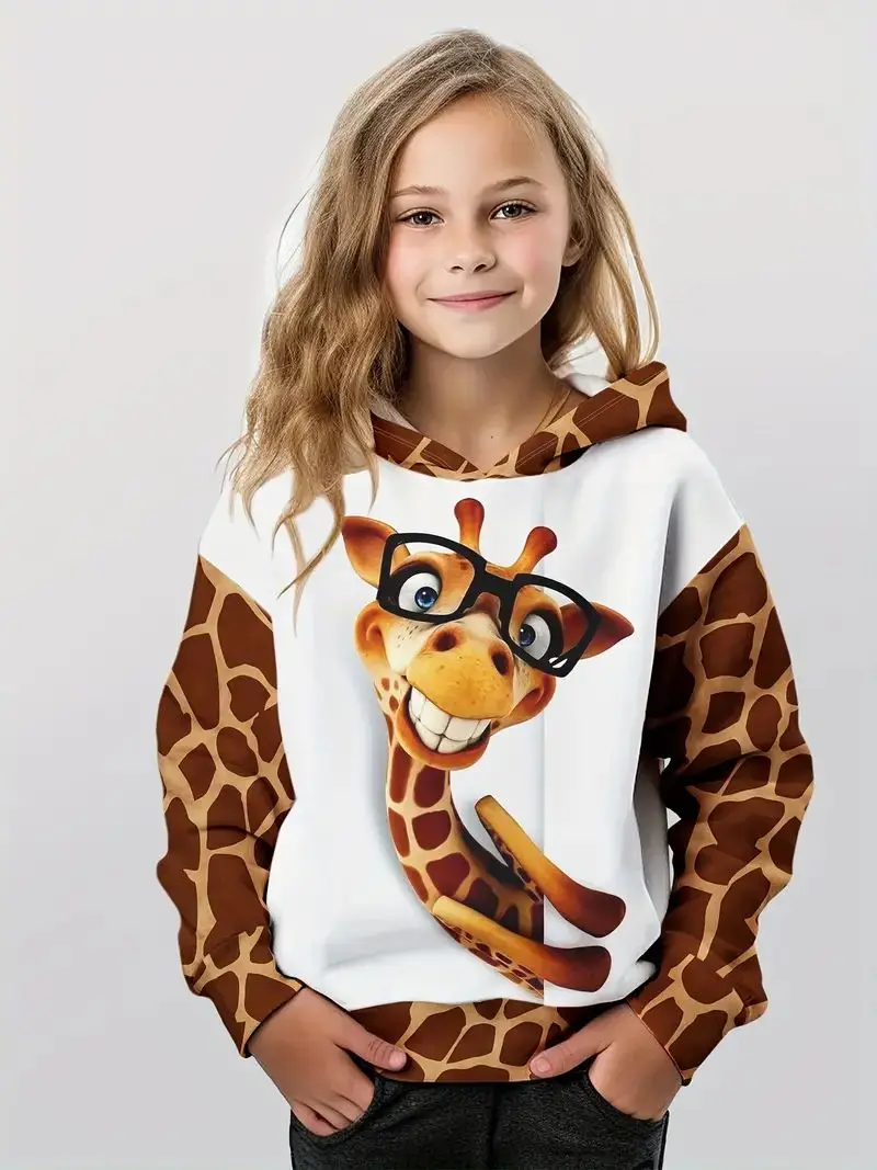 Autumn Best-selling Funny Glasses Giraffe 3D  Print Childrens Pullover  Cute Lively Sporty  Hooded Sweatshirt For Boys and Girls