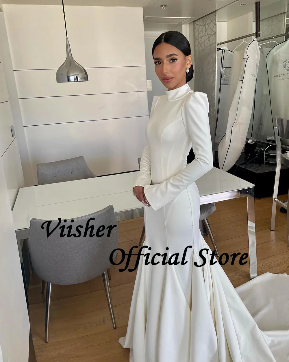 Viisher White Satin A Line Wedding Dresses Full Sleeve Sexy Split Long Bride Dress Simple Beach Wedding Party Gowns with Train