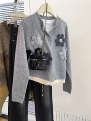 Chic Design Fake Two-piece Knitted Cardigan Women Autumn Winter New Round Neck Single Breasted Long Sleeve Sweater Coat