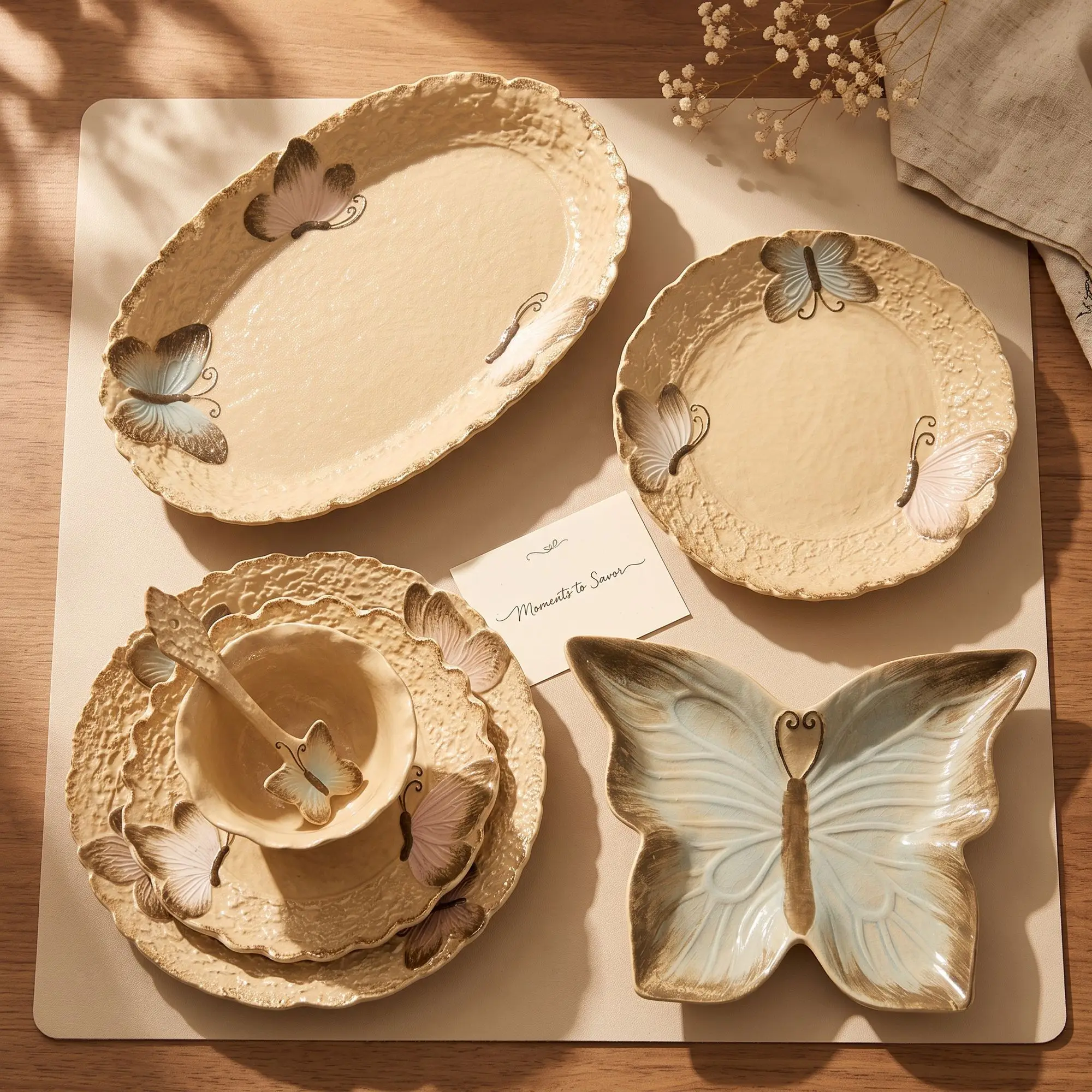 Butterfly‑shaped Ceramic Dinnerware Set Hand‑painted Embossed Texture Platter Bowl Spoon Retro Home Table Decor Dessert Salad