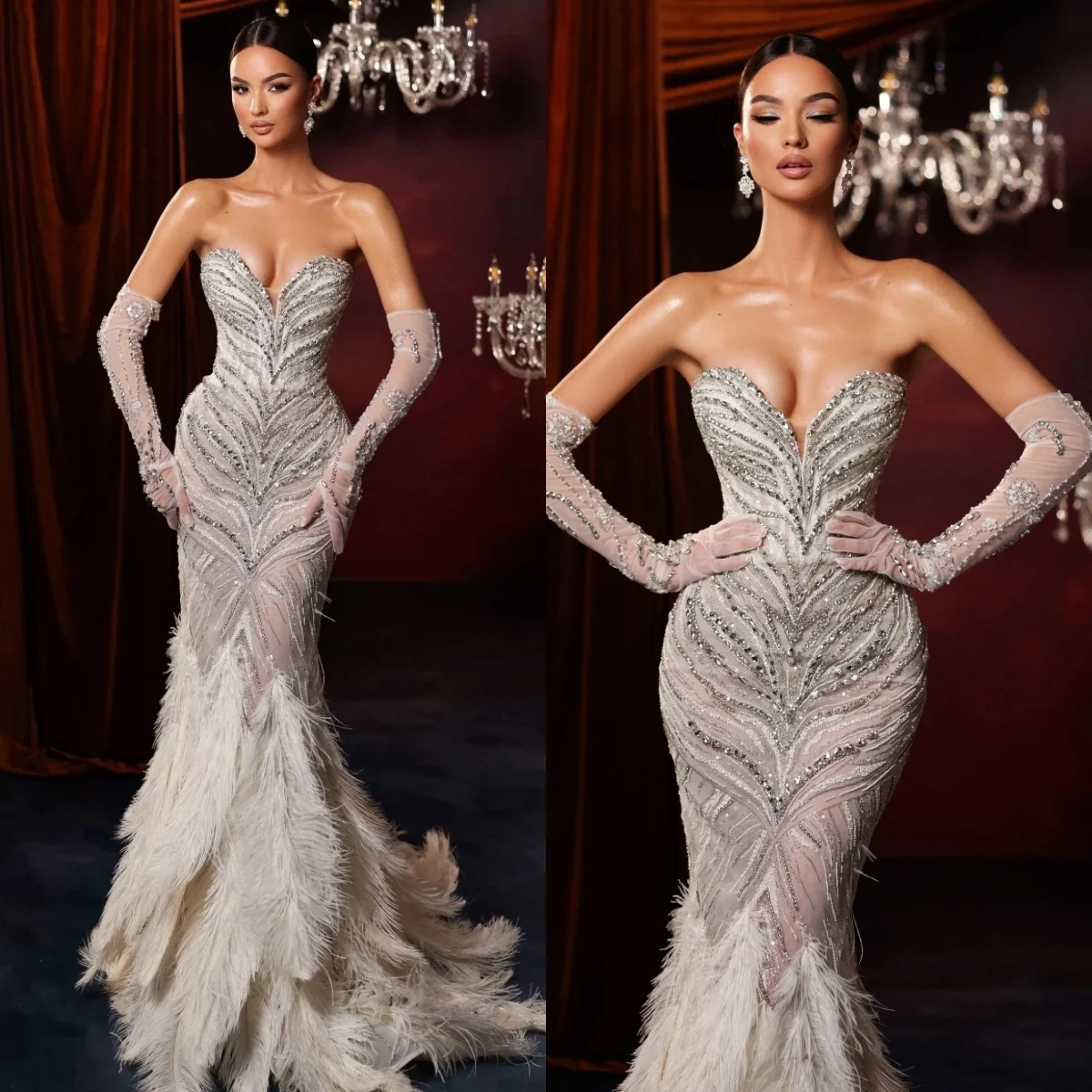 セクシーな恋人クリスタルマーメイドウェディングドレスモダンなスパンコール付きフェザー花嫁ドレスフロアレングスカスタマイズされたブライダルドレス