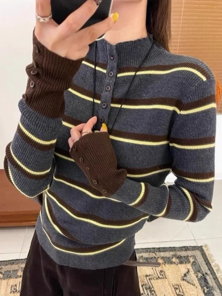 

Retro Henry Collar Striped Knitwear Women's Autumn Winter Thiened Base Layer irt Ci Walk Commute Sle Slim Fit Long Sl...