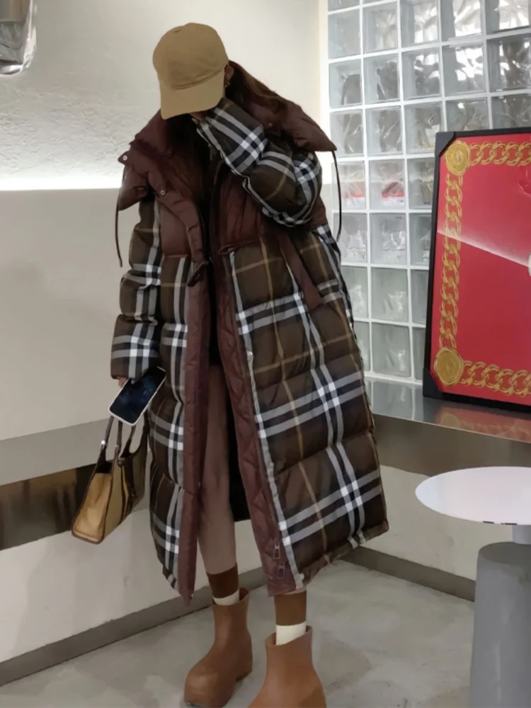 Dames donsjack Winterjas Vrouwelijke Koreaanse mode Plaid Patchwork Outerwears Verdikte losse warme sneeuw Lange pufferjassen