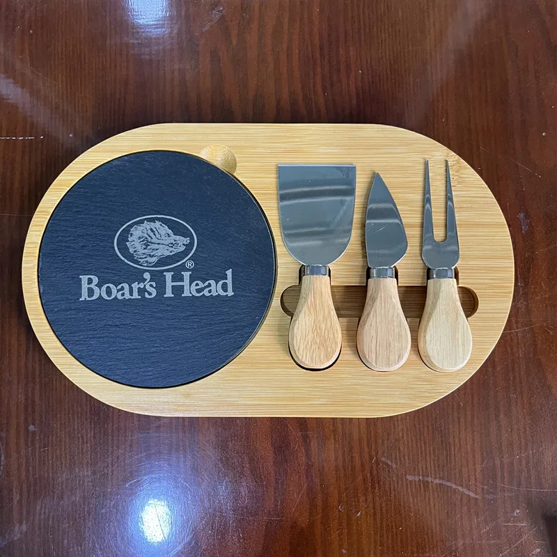 

Creative Cheese Tableware Set: Bamboo and Wood Steak Plate with Wooden Handle Kitchen Knife, Bamboo Tray Storage Plate