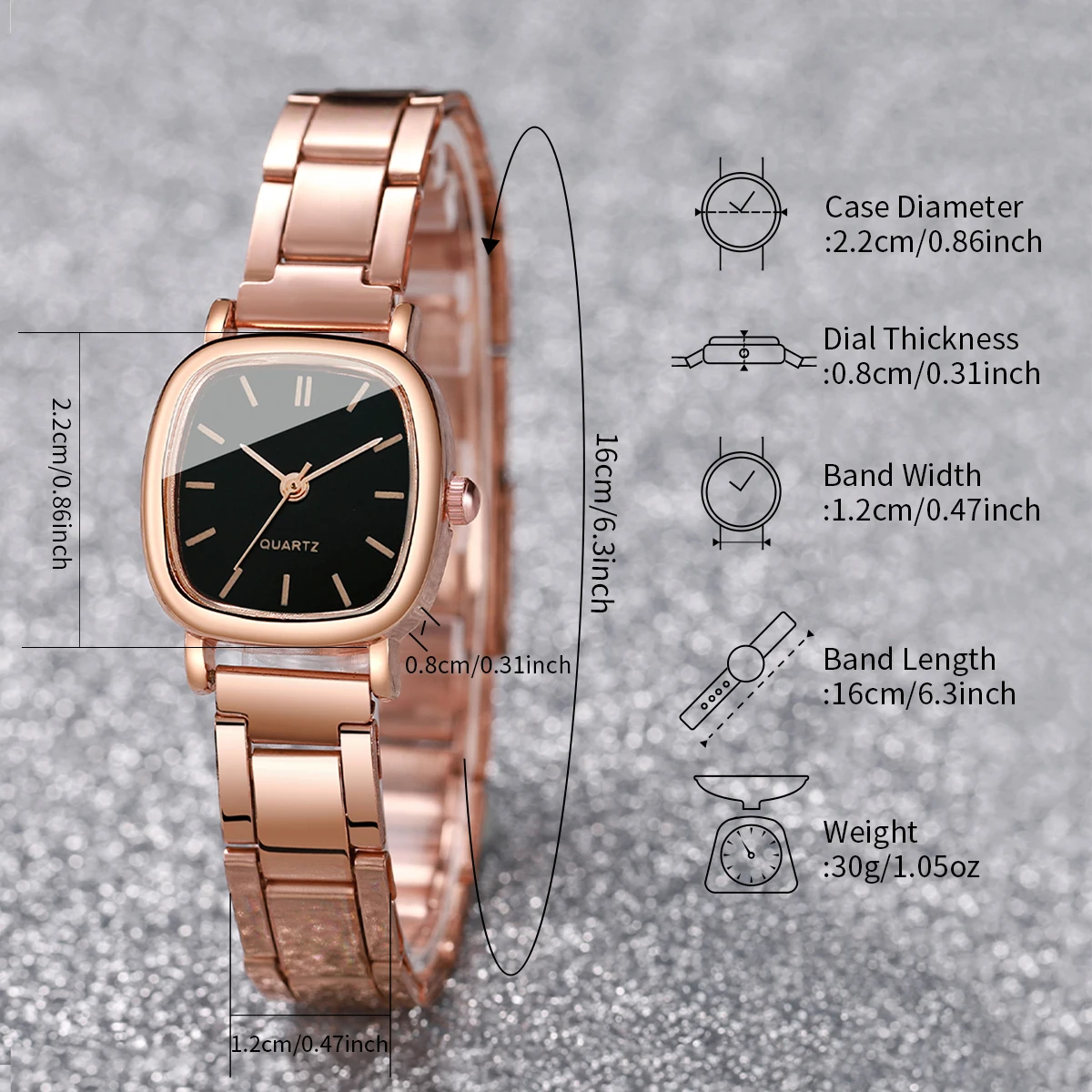 2PCS/Set Women\'s Watch Fashion Square Stainless Steel Band Quartz Watches Heart Bracelet Set