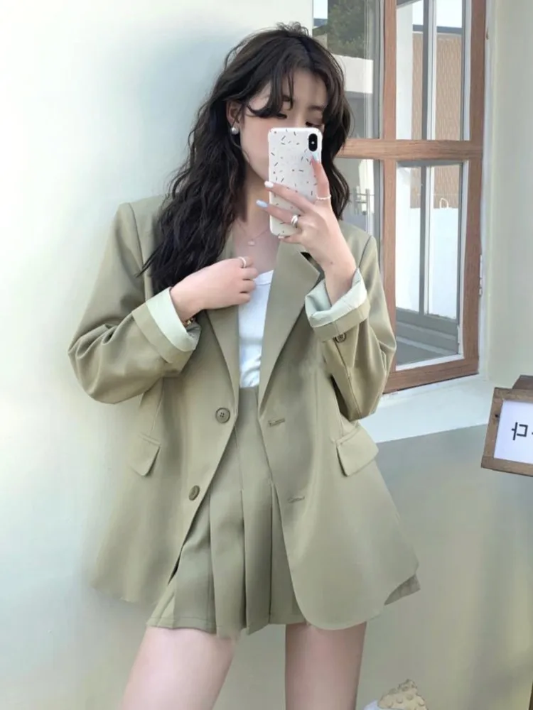 Korean Fashion Solid Two-piece Skirt Set Women Single Breasted Blazer Coat + Pleated Mini Skirt Autumn Office Lady Casual Suits