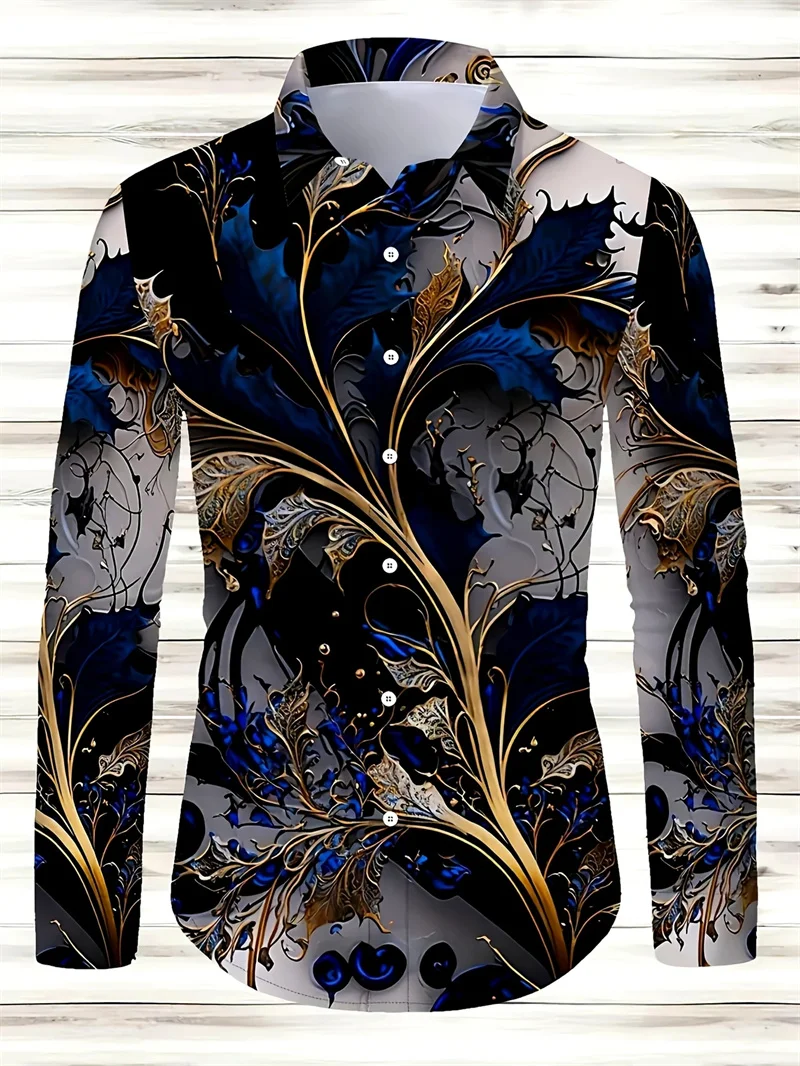 New Men's Retro Fashion Long-Sleeved Button Up Shirt with Casual Collar and 3D Ethnic Print Spring and Autumn Top
